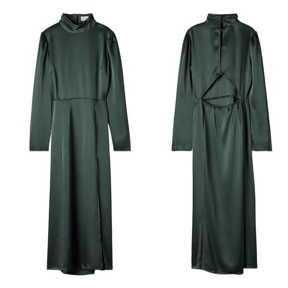 (SOLD) ARITZIA Wilfred Baja Satin Long Sleeve Mock-Neck Midi Maxi Dress Scarab 0 - Picture 1 of 12